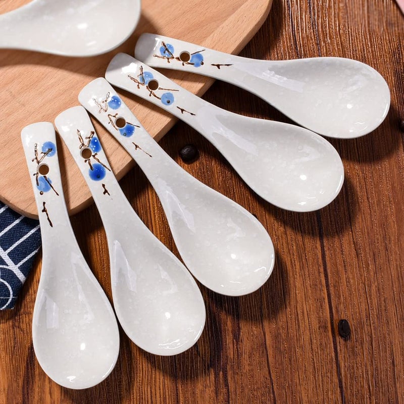Whitenesser Ceramic Soup Spoon Set of 5 Japanese Style Blue Plum Asian Spoons Serving for Fruit Salad Ice Cream Oatmeal - Image 3